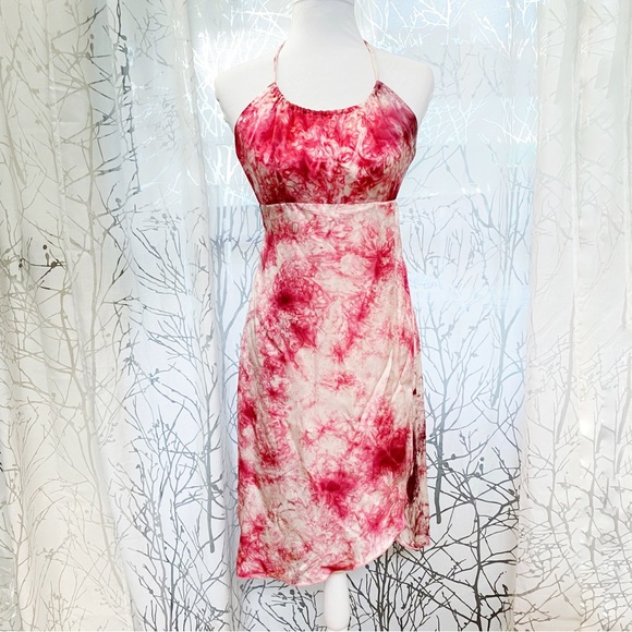 SHOSHANNA White pink purple tie dye print silk round halter low back midi dress - Picture 1 of 6